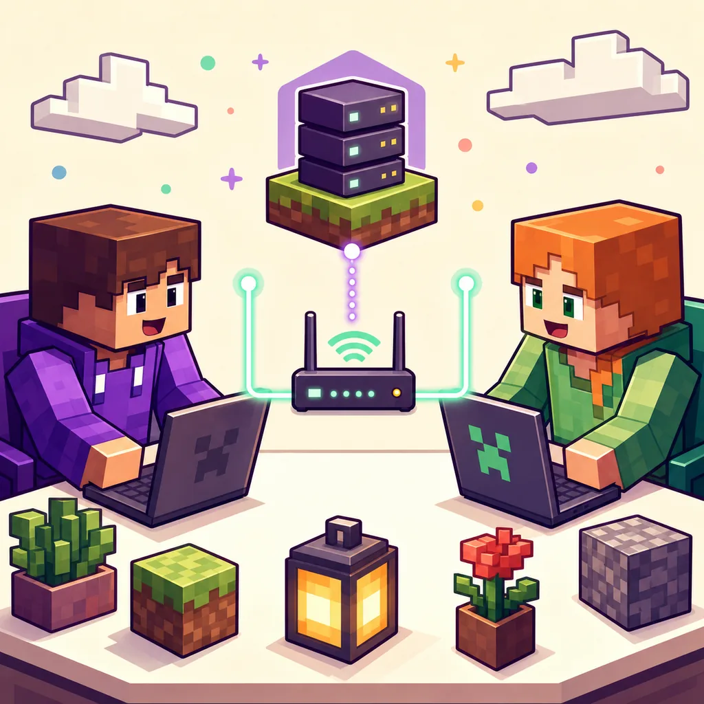 Editorial illustration of two Minecraft-like players connecting through a router and a shared server