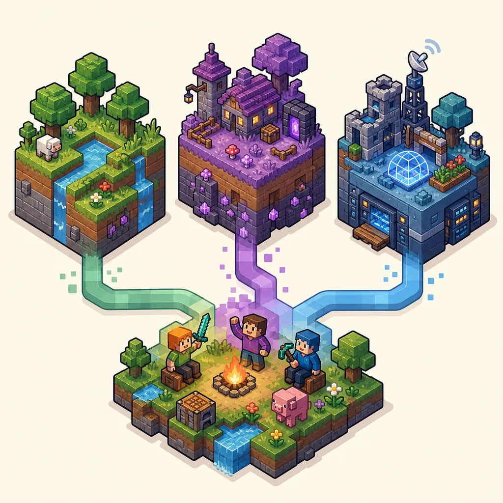 Concept illustration showing vanilla, modded and server-connected Minecraft-like instances joining one shared play space