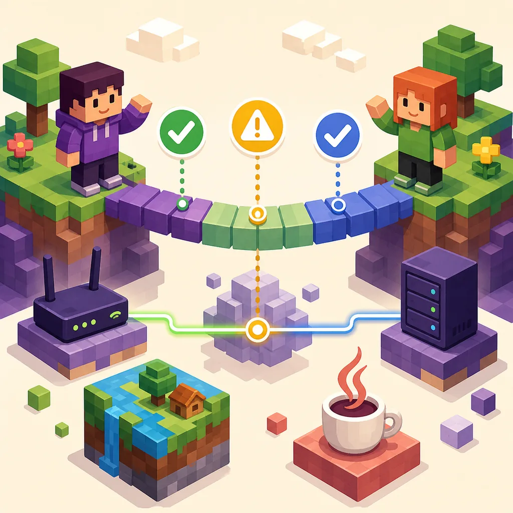 Concept illustration of two players, a router, a server and three connection checkpoints on a block bridge